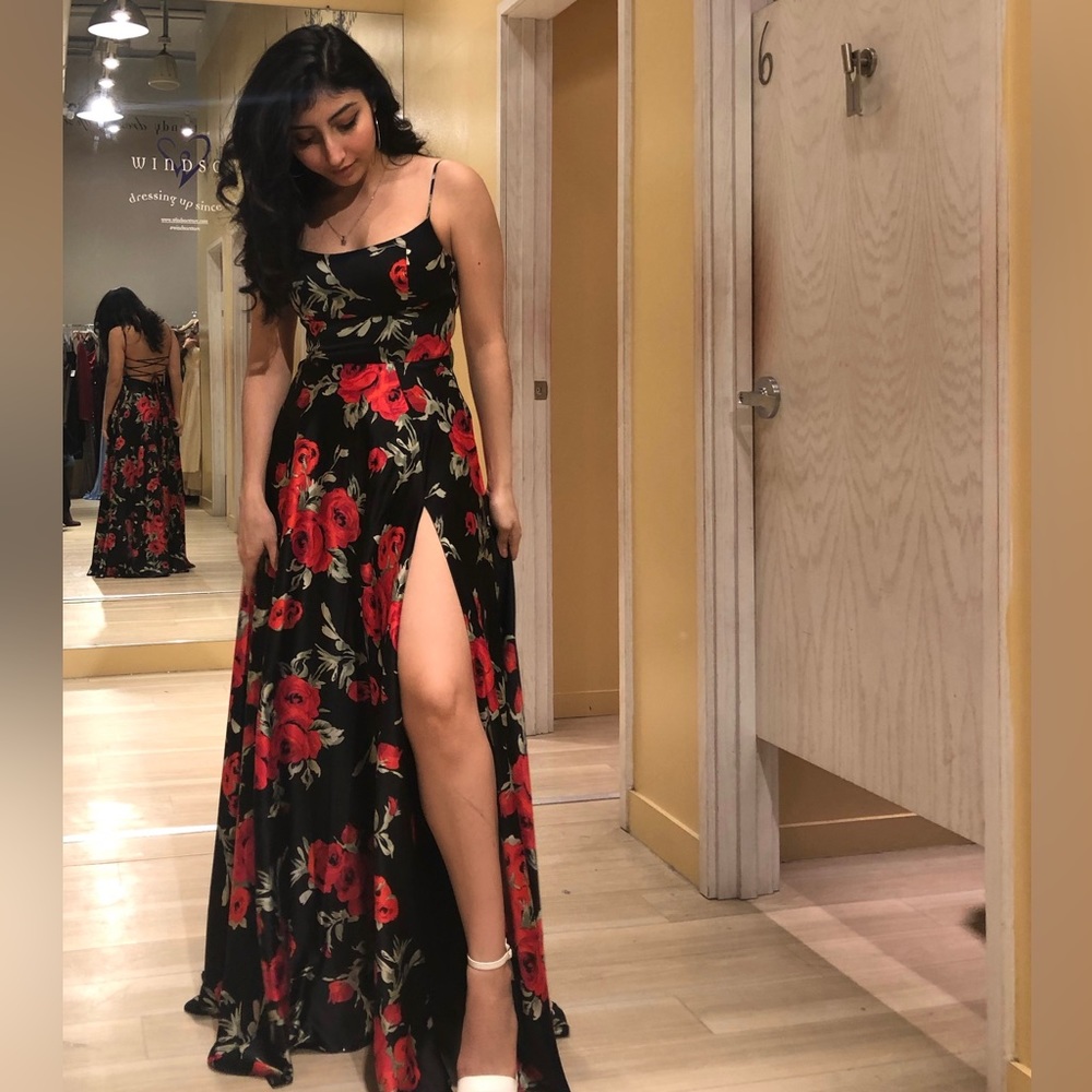 Beautiful red and black floral formal gown